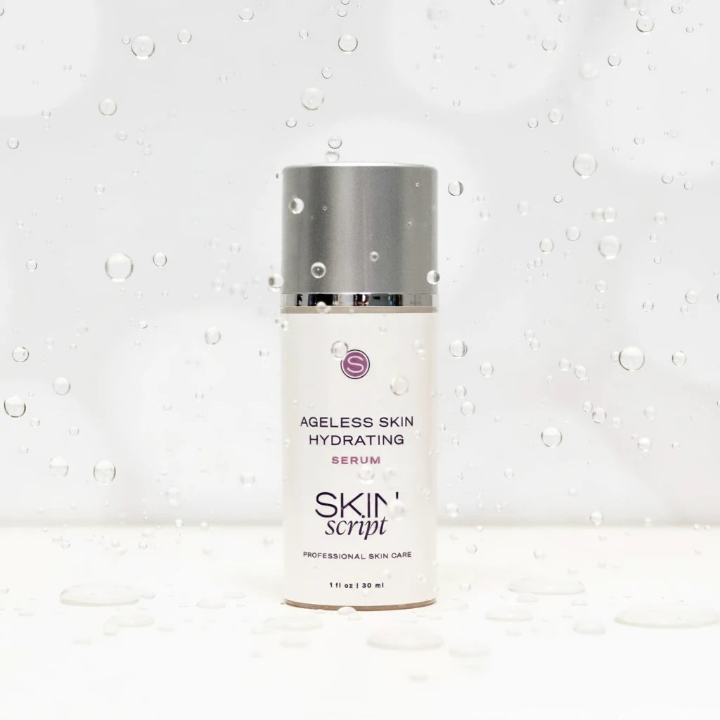 Skincare serum bottle labeled 'Ageless Skin Hydrating Serum' by 'Skin Script' on a white background