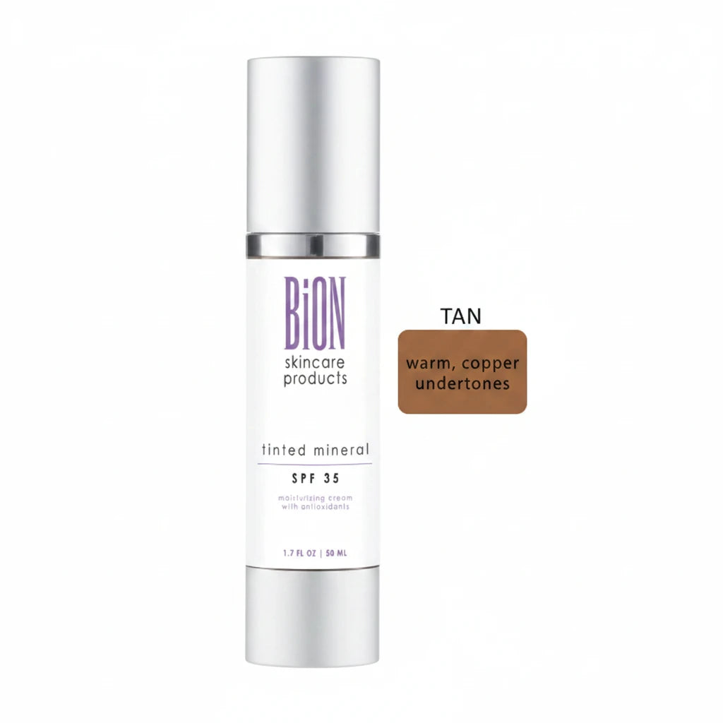 A white cylindrical bottle of BiON Skincare Products Tinted Mineral SPF 35, shown next to a brown color swatch labeled 'TAN' on a plain white background.