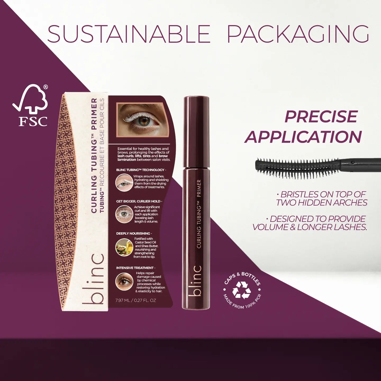 Blink Curling Tubing Primer tube and box shown on a white and deep purple promotional graphic with text about sustainable packaging, precise application, and lash benefits.