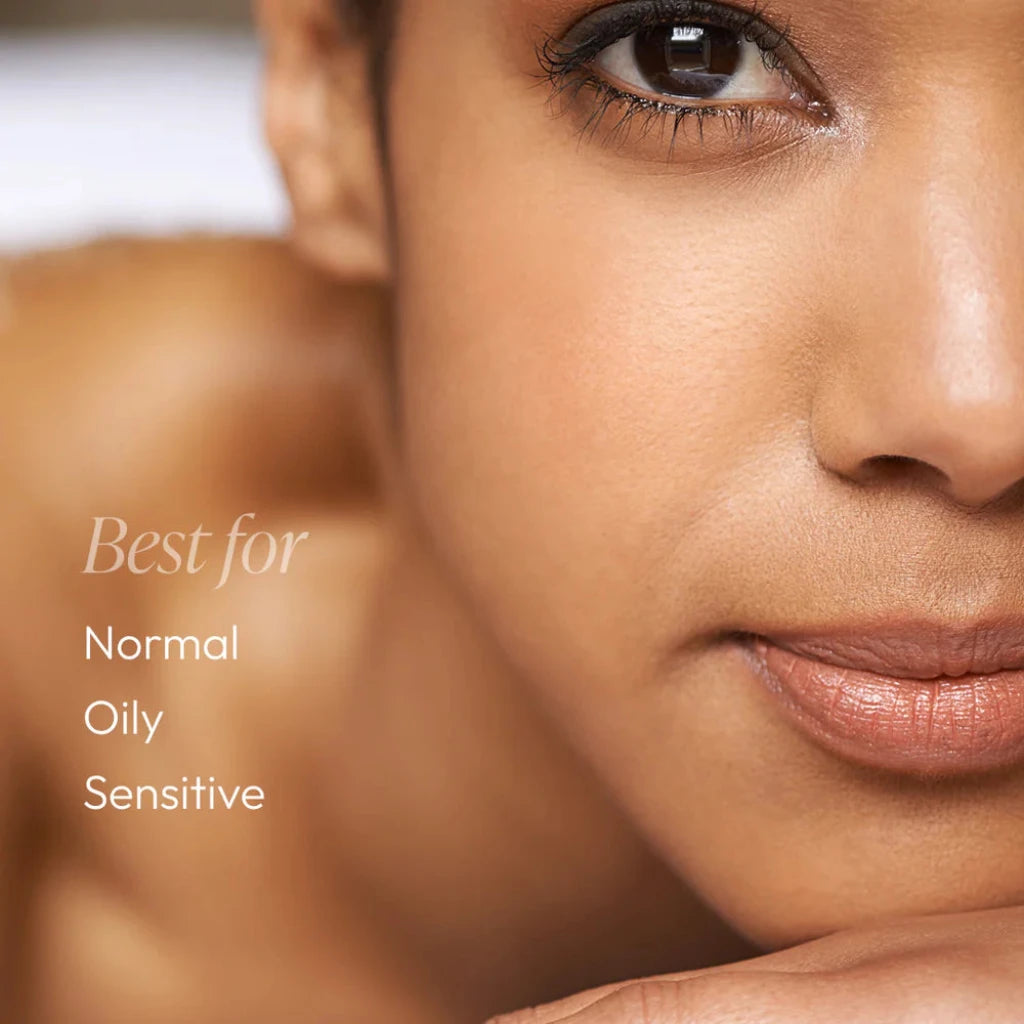 Close-up of a person's face with text indicating skin type compatibility.