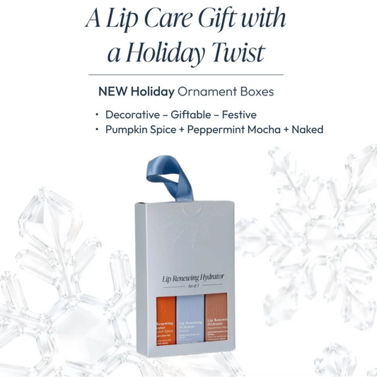 A lip care gift set in a white box with a blue ribbon handle, shown on a white background with decorative snowflakes and promotional text reading 'A Lip Care Gift with a Holiday Twist.'.