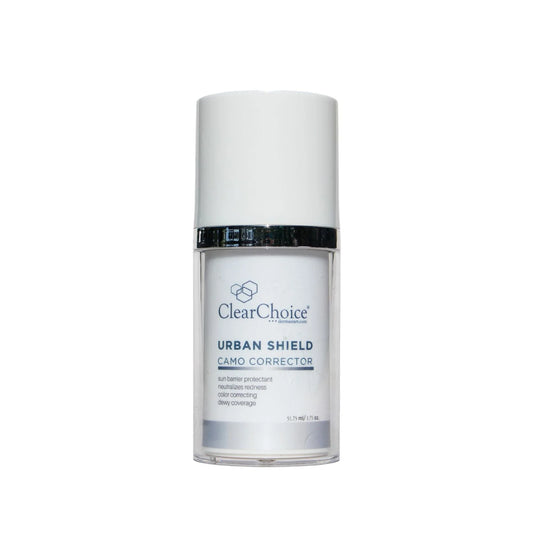 Clear Choice Urban Shield Camo Corrector sunscreen bottle on a plain white background.