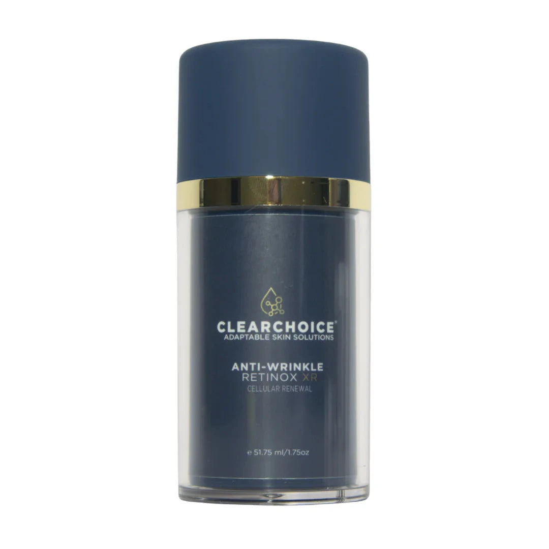 Clearchoice anti-wrinkle retinol serum bottle on a blue background