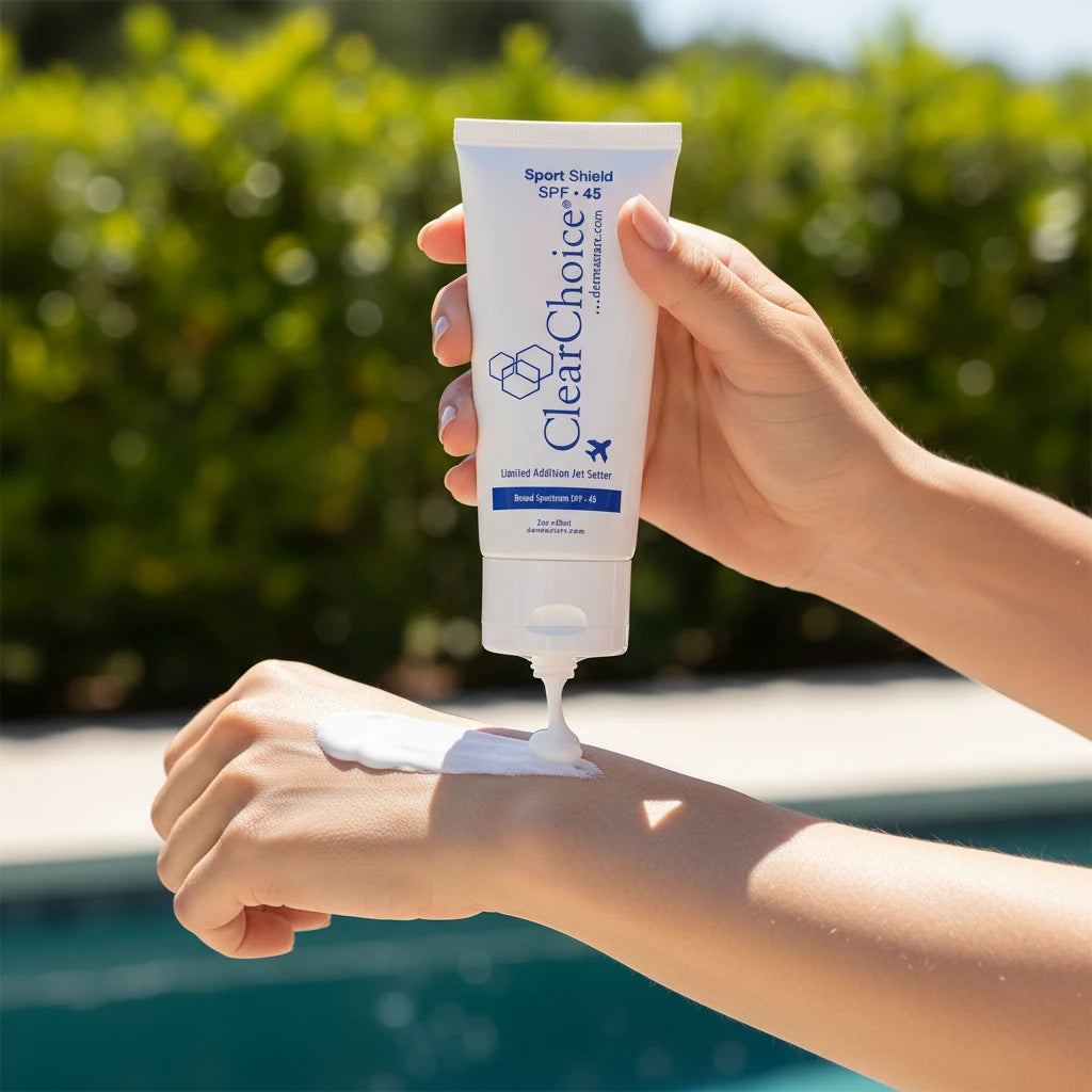 Clearchoice Sport Shield sunscreen dispensed onto hand outdoors