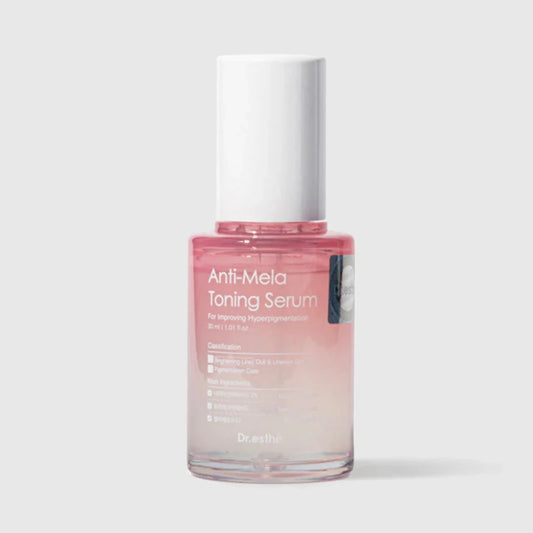 A bottle of Dr. esthé Anti-Mela Toning Serum with a white cap and a pink-to-clear gradient liquid, shown on a light gray background.