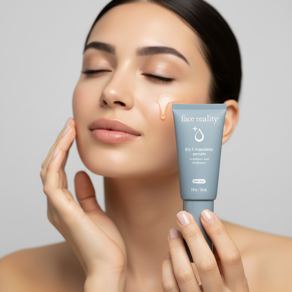 A bottle of Face Reality 8% L-Mandelic Serum with a white label on a grey background.