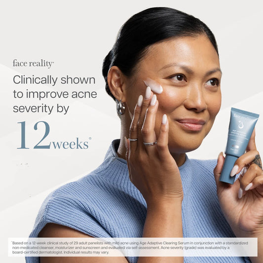 Face Reality Age Adaptive Clearing serum woman applying serum to face on a light grey background with text