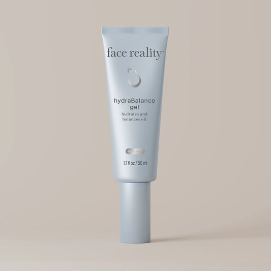 Tube of 'face reality' hydraBalance gel on a beige background