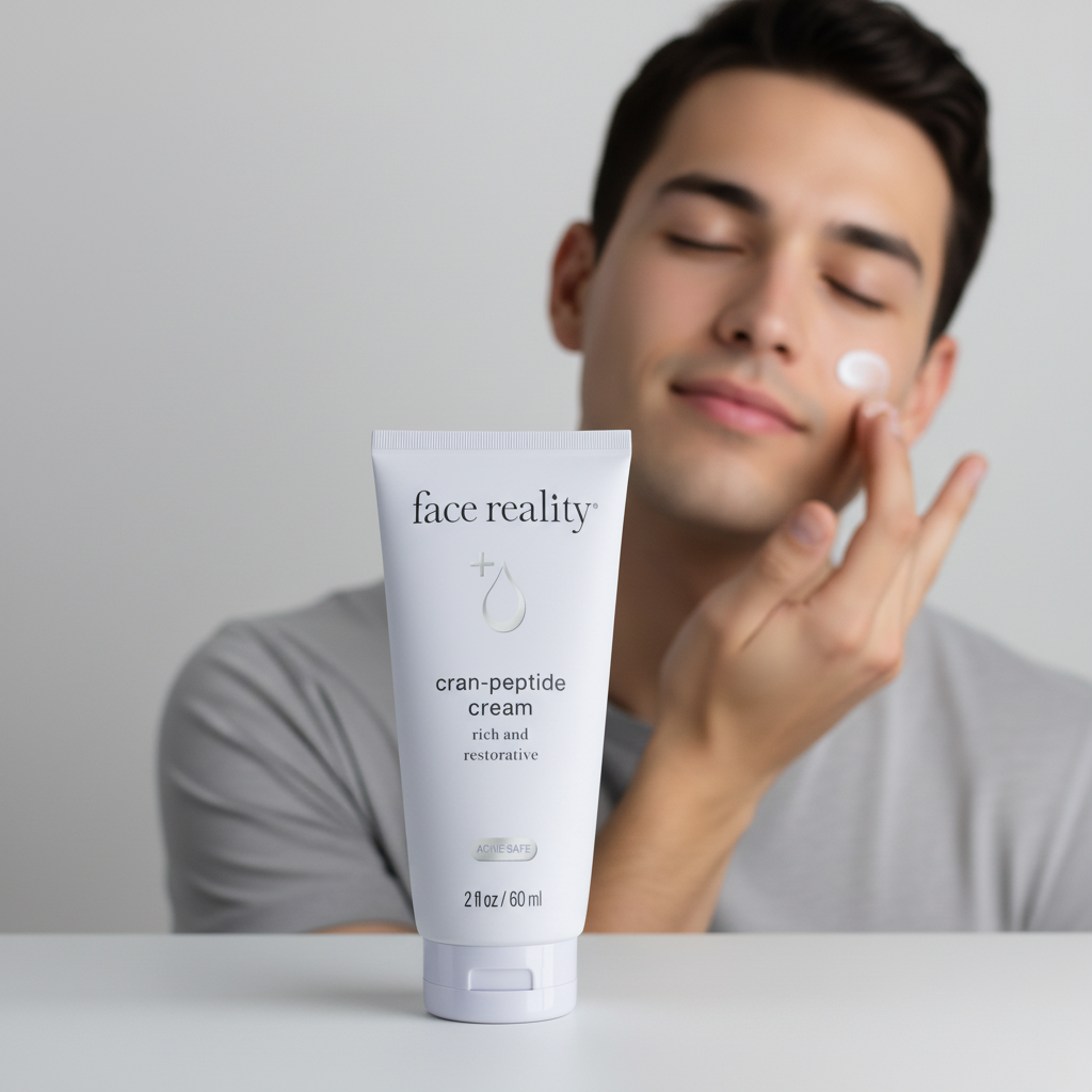 A tube of Face Reality Cran-Peptide Cream with white labeling, indicating it is a rich and restorative moisturizer for the face.