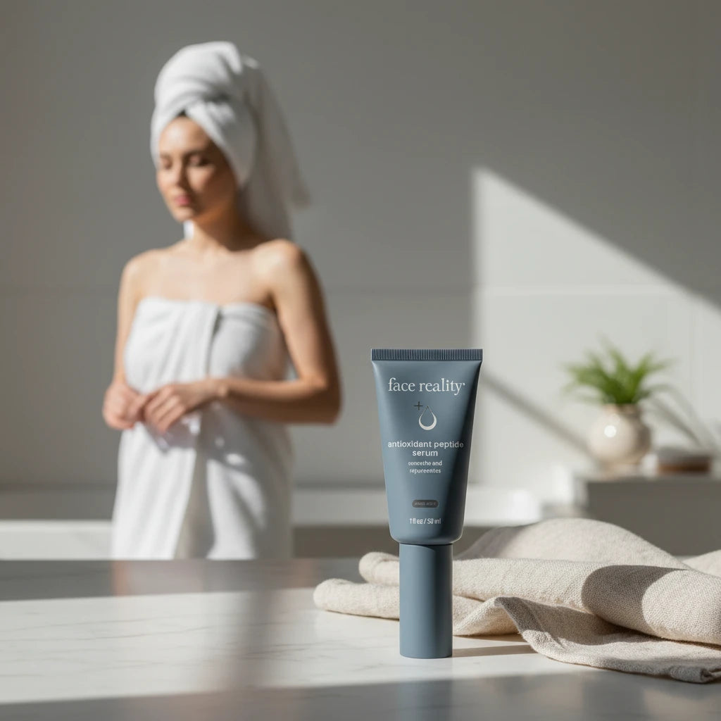 Blue tube of 'face reality' antioxidant peptide serum on a beige background