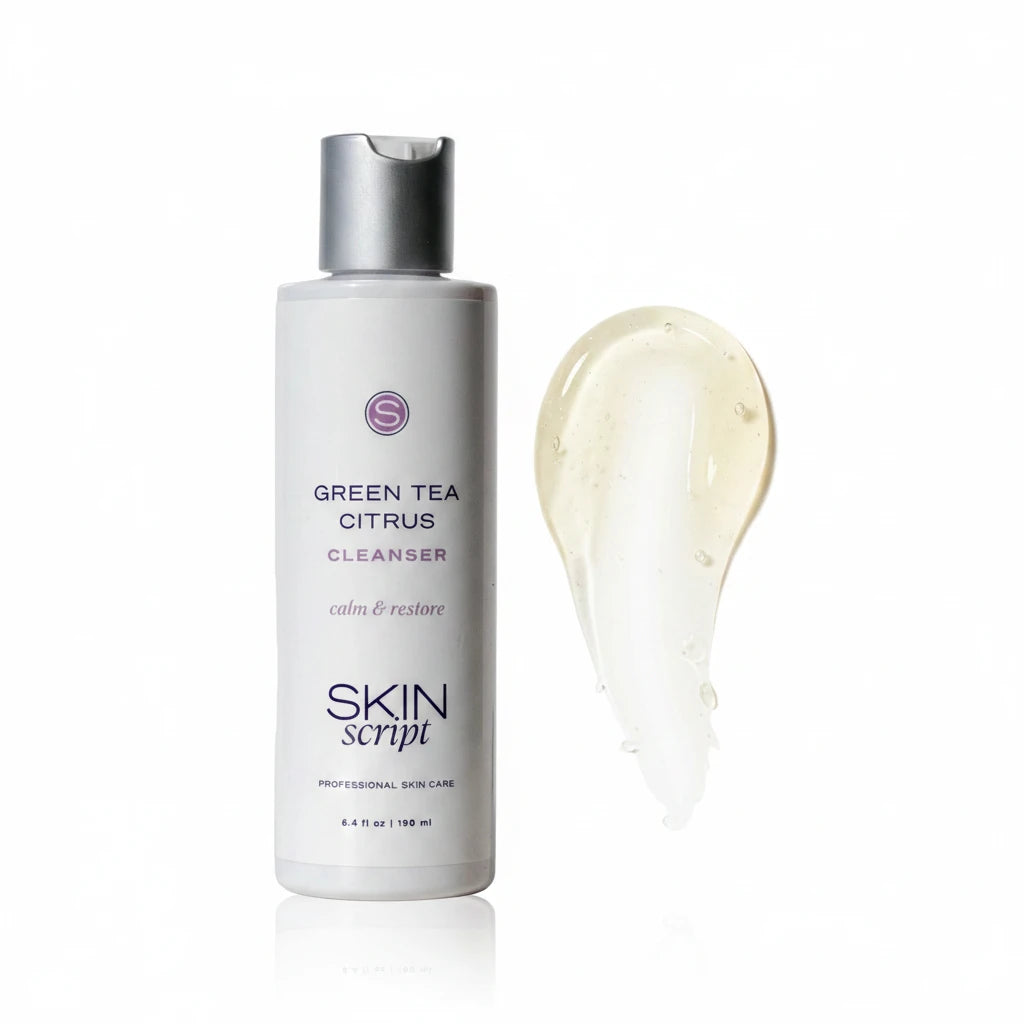 Skincare cleanser bottle labeled 'Green Tea Citrus' by 'Skin Script' on a light gray background