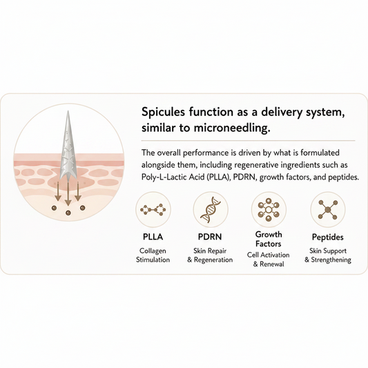 An informational graphic explaining the delivery function of spicules in a skin treatment. It includes a circular diagram showing a needle-like spicule penetrating the skin, plus text describing the overall performance and a list of key formulated ingredients: PLLA for collagen stimulation, PDRN for skin repair and regeneration, growth factors for cell activation and renewal, and peptides for skin support and strengthening.