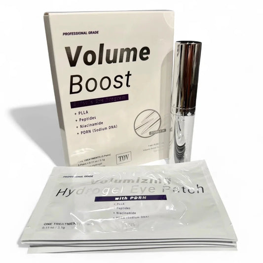 Hop+ Volume Boost Spicule eye patches program packaging with a serum on a white background