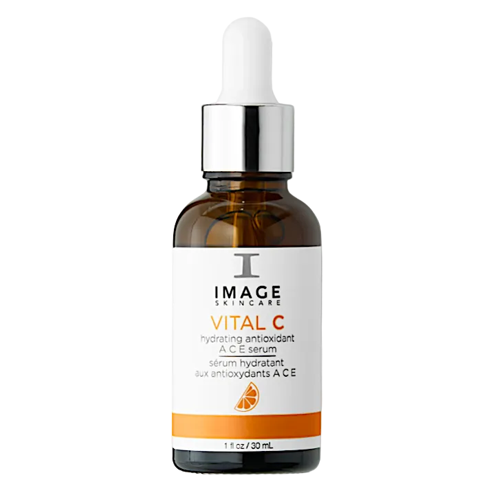 A bottle of IMAGE Skincare Vital C Hydrating Antioxidant A C E Serum with a dropper, on a white background.