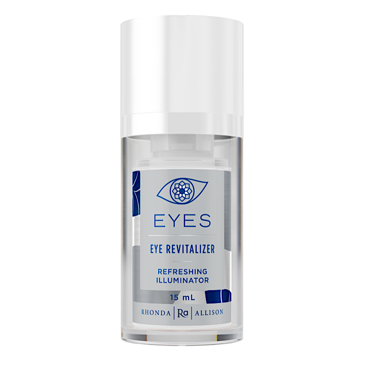 Clear bottle of 'Eyes' eye revitalizer with blue label on a white background