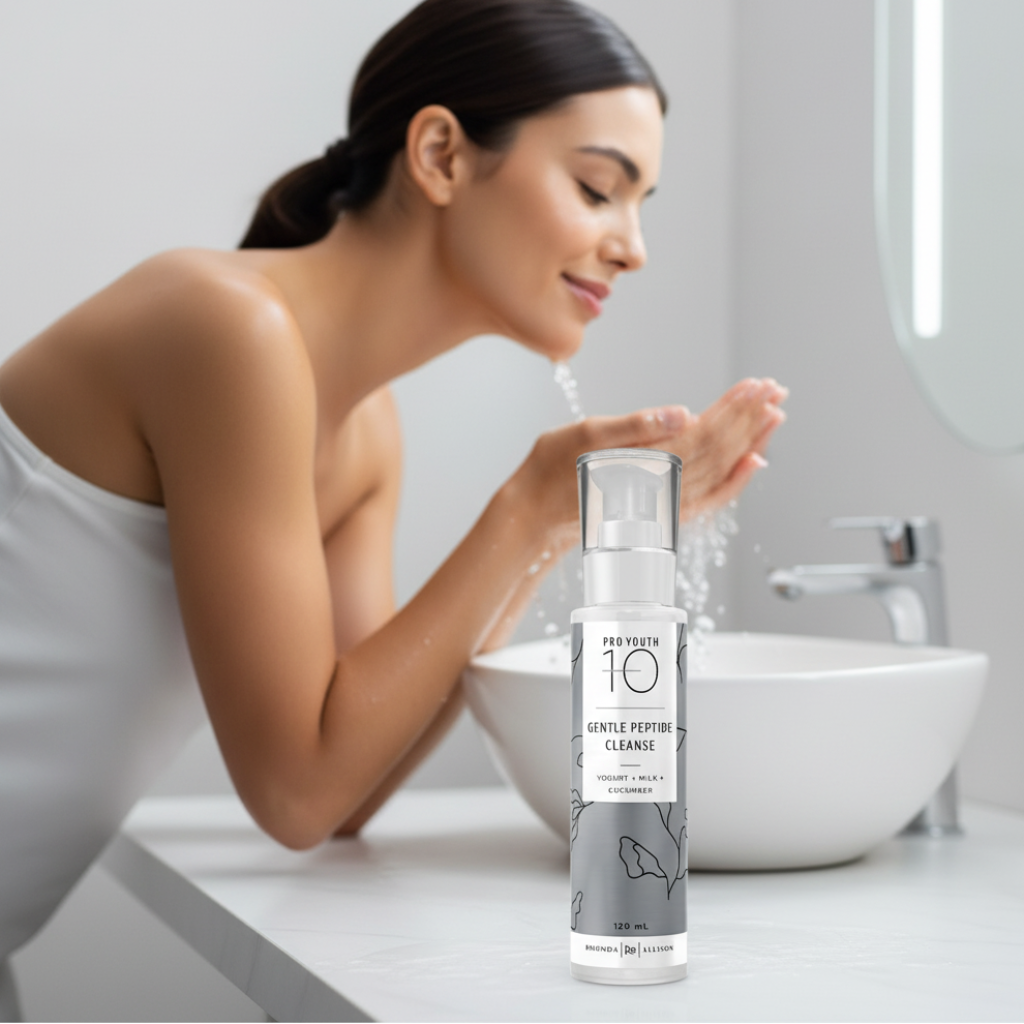 Rhonda Allison Skincare bottle labeled 'Gentle Peptide Cleanse' with a woman washing face