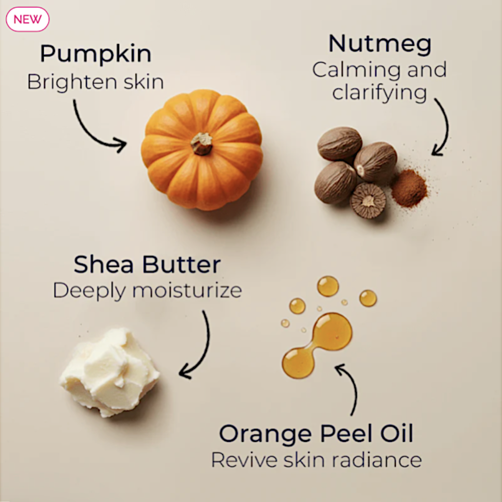 Skincare product ingredients with pumpkin, nutmeg, shea butter, and orange peel oil on a beige background.