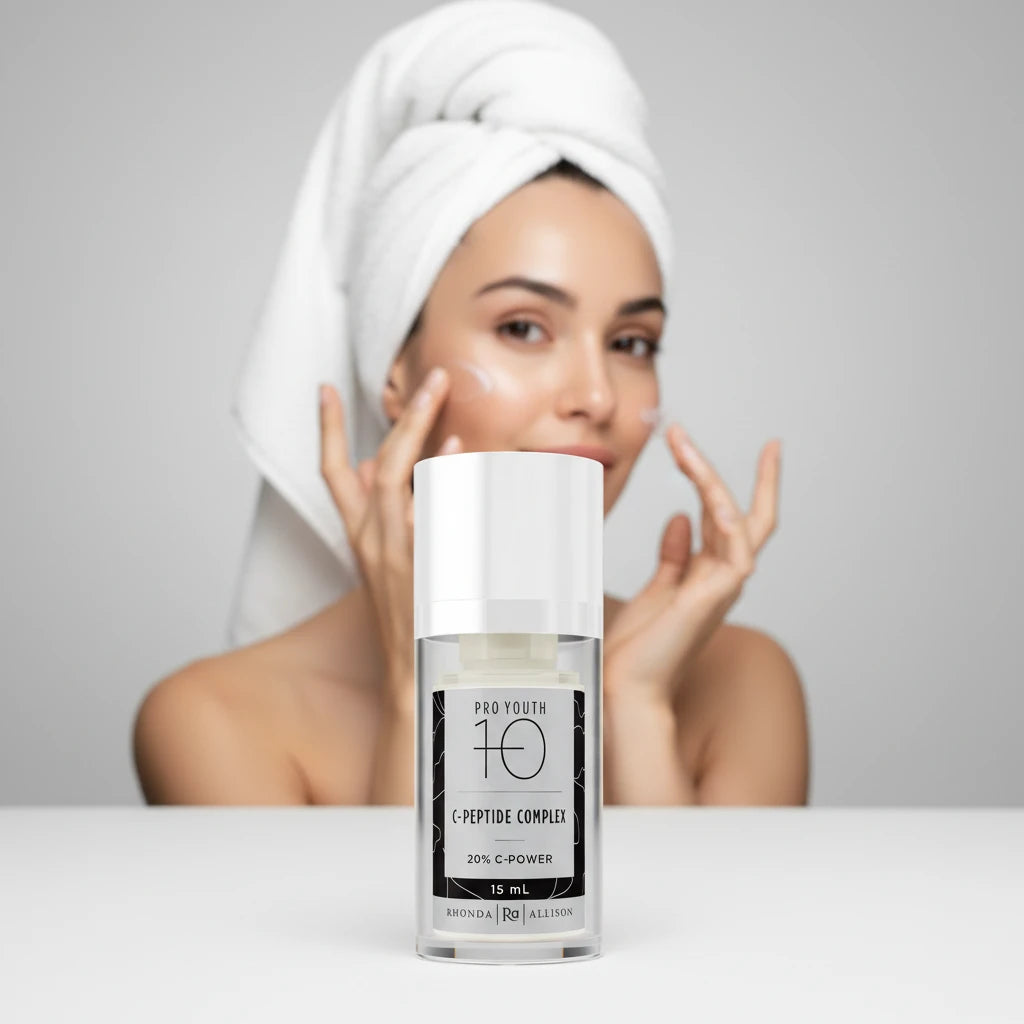 Skincare serum bottle labeled 'Pro Youth 10 C-Peptide Complex' with 'Rhonda Allison' branding on a white background and applying product.