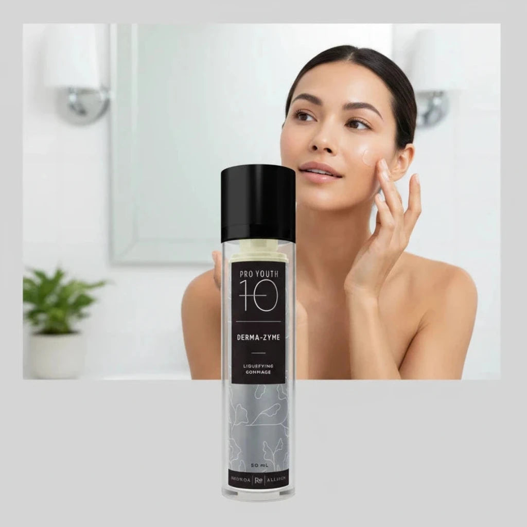 Rhonda Allison Pro Youth 10 Derma-Zyme bottle on a light grey background and woman applying product