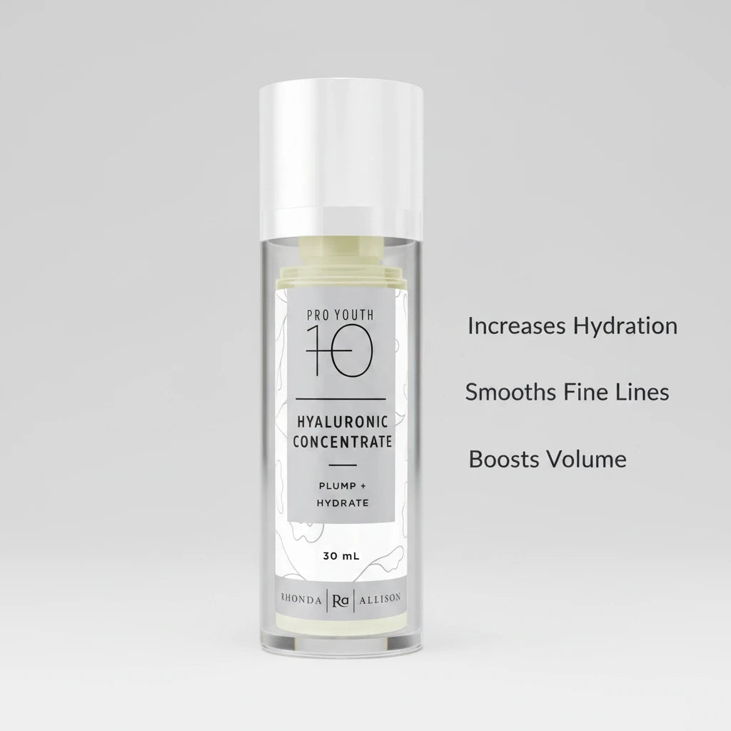 Rhonda Allison Skincare bottle labeled 'Pro Youth 10 Hyaluronic Concentrate' on a light grey background with descriptive text