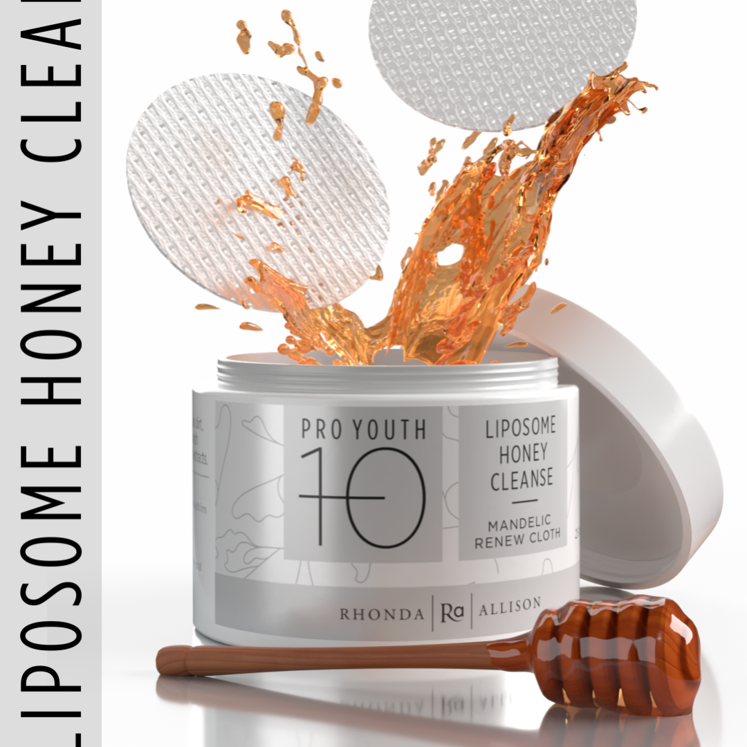 Pro Youth 10 Liposome Honey Cleanse product with honey and cleansing cloth on a white background
