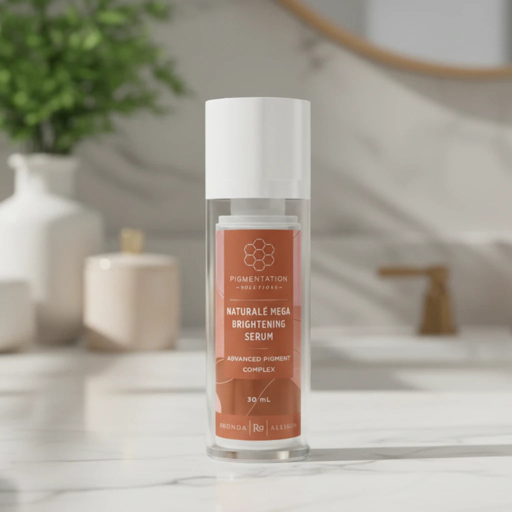 Rhonda Allison Naturale Mega Brightening Serum bottle with brown label on a sink counter background