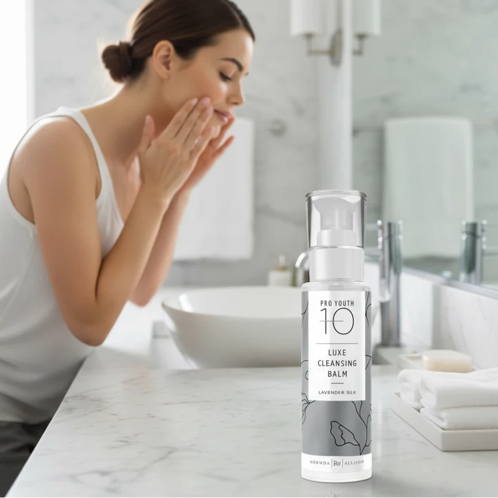 Rhonda Allison LUXE_CLEANSING_BALM with woman washing her face