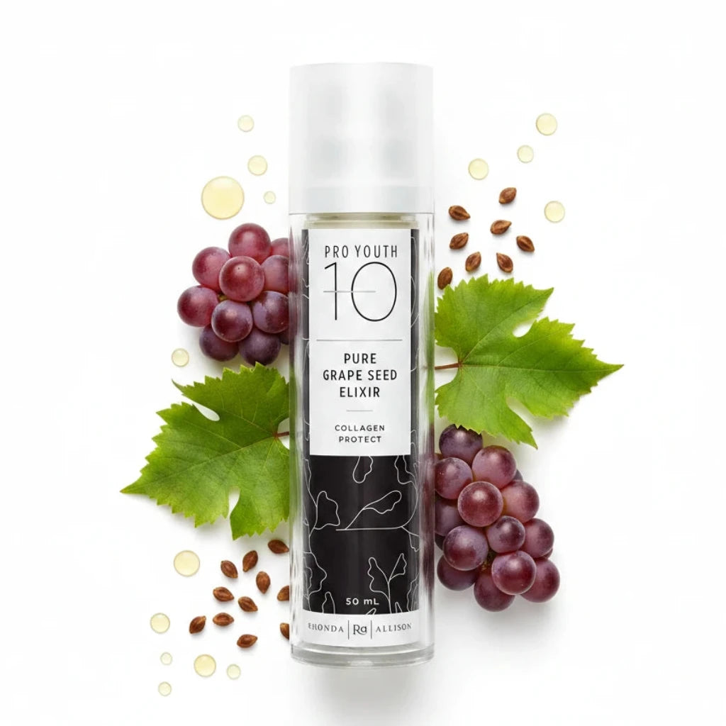 Rhonda Allison Pro Youth 10 Pure Grape Seed Elixir bottle on a white background with grapes