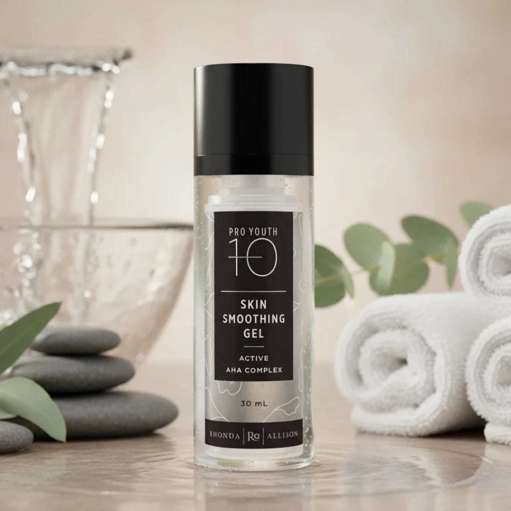 Rhonda Allison Skin smoothing gel bottle with black cap and label in a spa setting