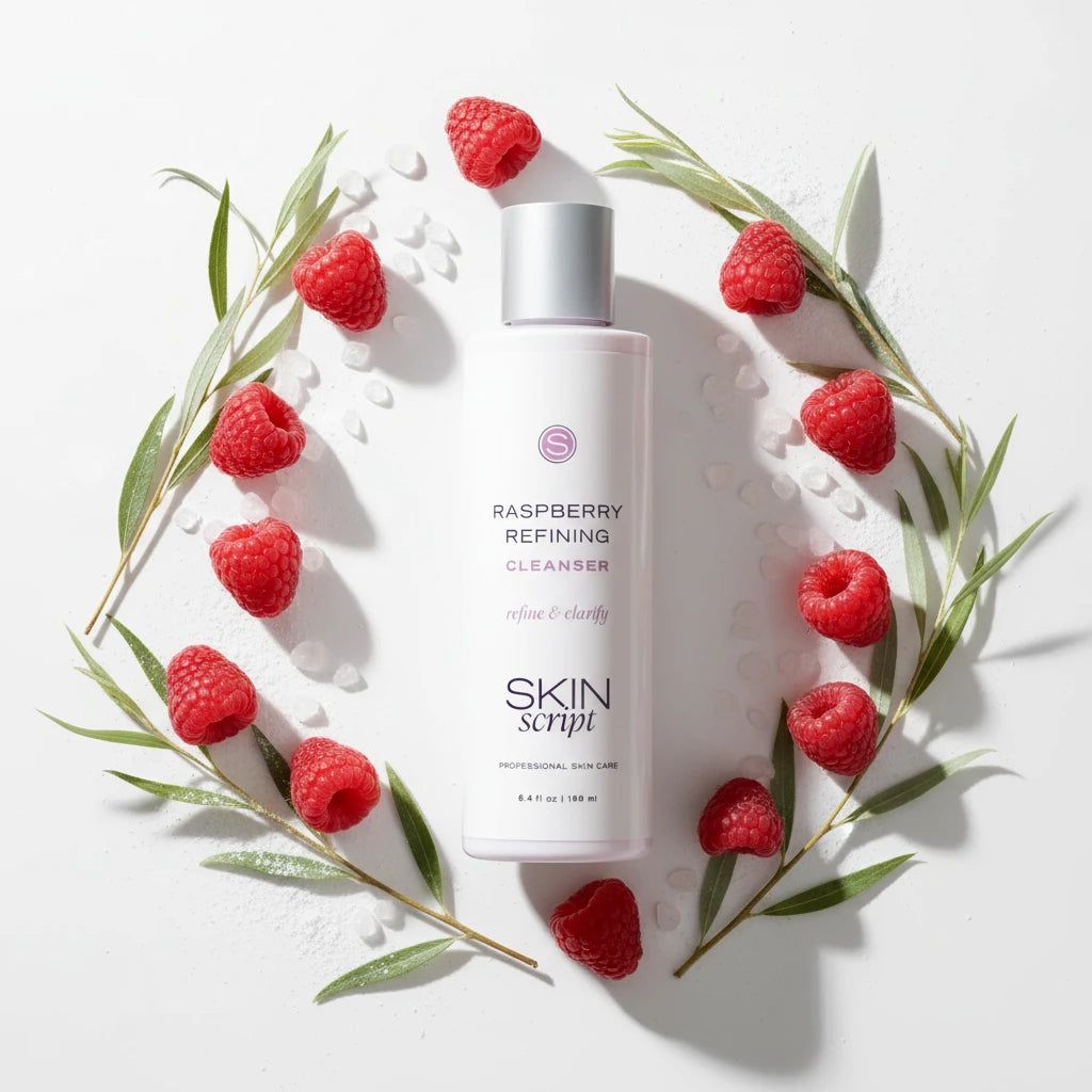 Skin Script Raspberry Refining Cleanser with a Raspberry and botanicals scattered across the background in a flat lay studio shot