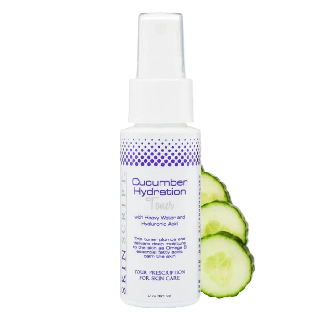 Skincare bottle labeled 'Cucumber Hydration' with cucumber slices on a white background