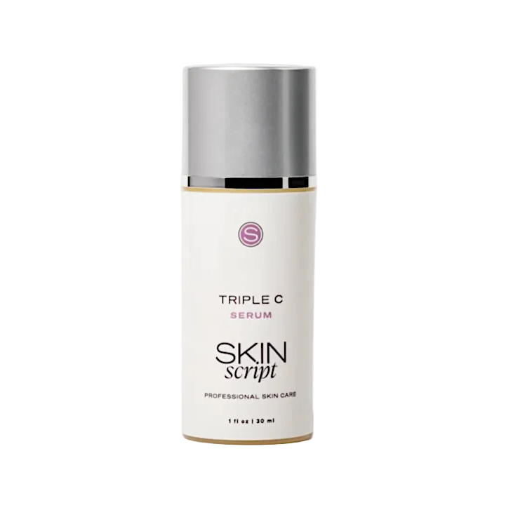 Skincare serum bottle labeled 'Triple C Serum' by 'Skin Script' on a white background