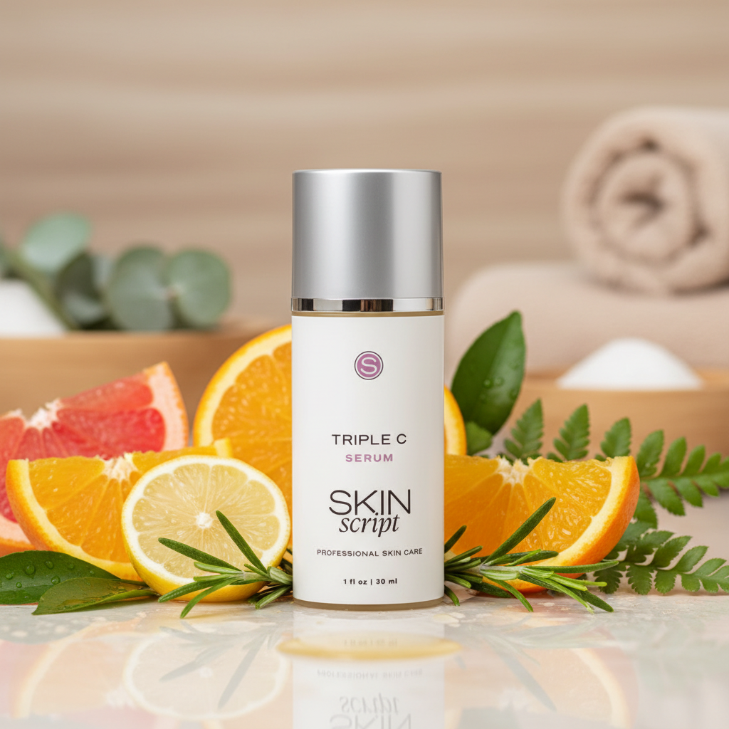 Skincare serum bottle labeled 'Triple C Serum' by 'Skin Script' on a white background