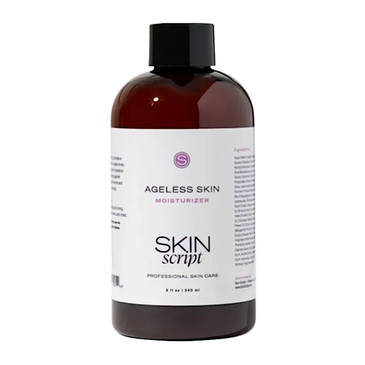 Bottle of Skin Script Ageless Skin Moisturizer on a white background