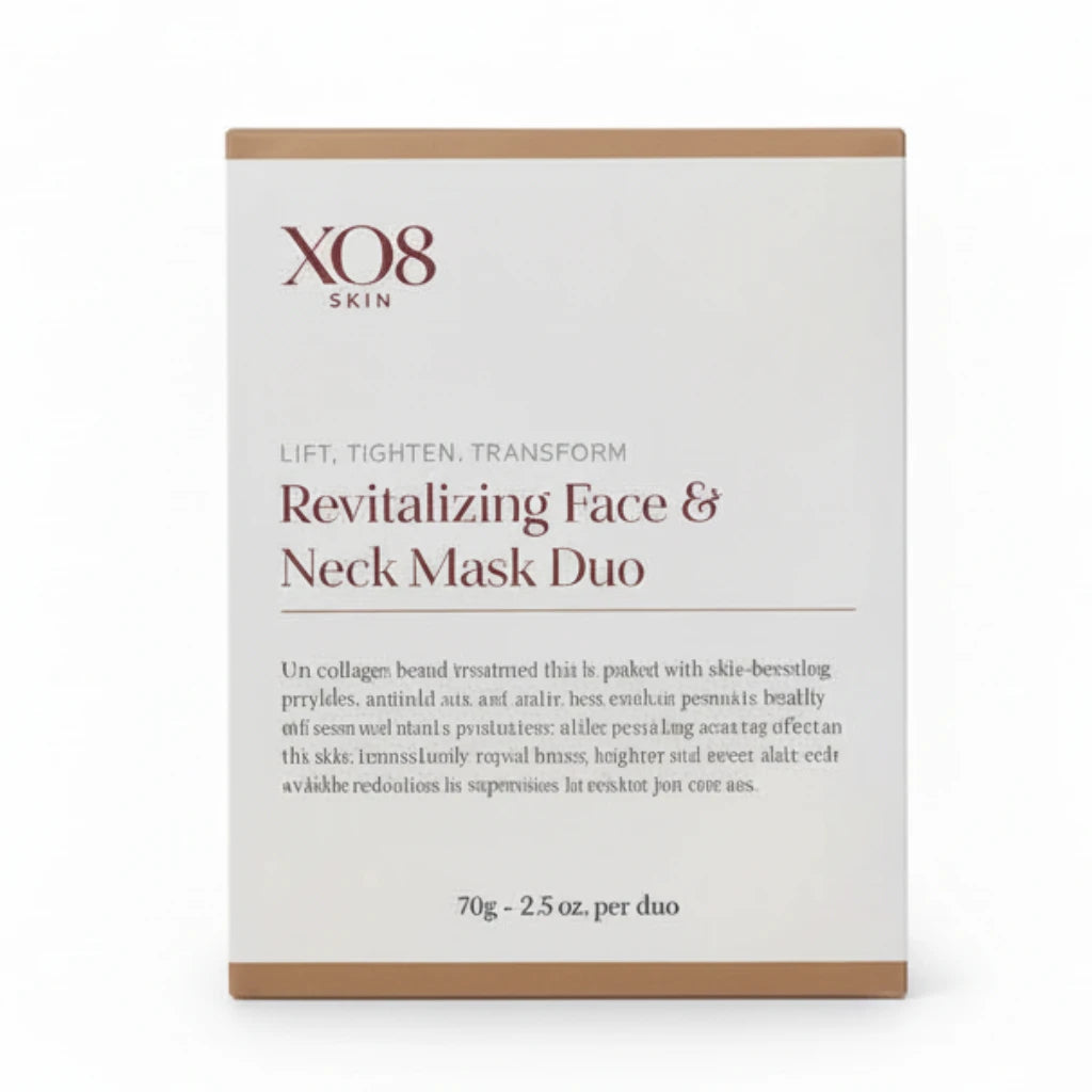 XO8 Skin Revitalizing Face & Neck Mask Duo, showing the white and brown box