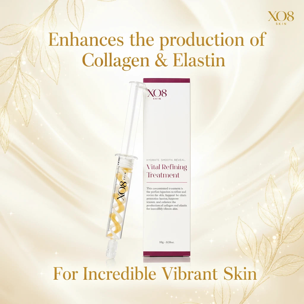 XO8 Skin Vital Refining Treatment shown as a clear syringe with yellow serum droplets next to its white and burgundy packaging box on a white background.