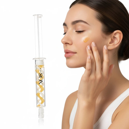 XO8 Skin Vital Refining Treatment shown as a clear syringe with yellow serum droplets being applied to woman's face on a white background.