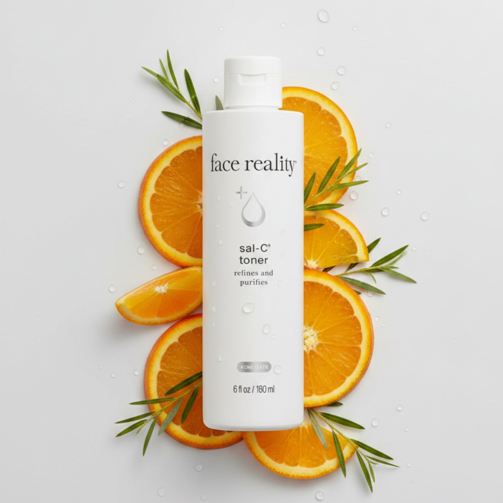 Face Reality sal-C toner bottle with oranges and leaves on a light background