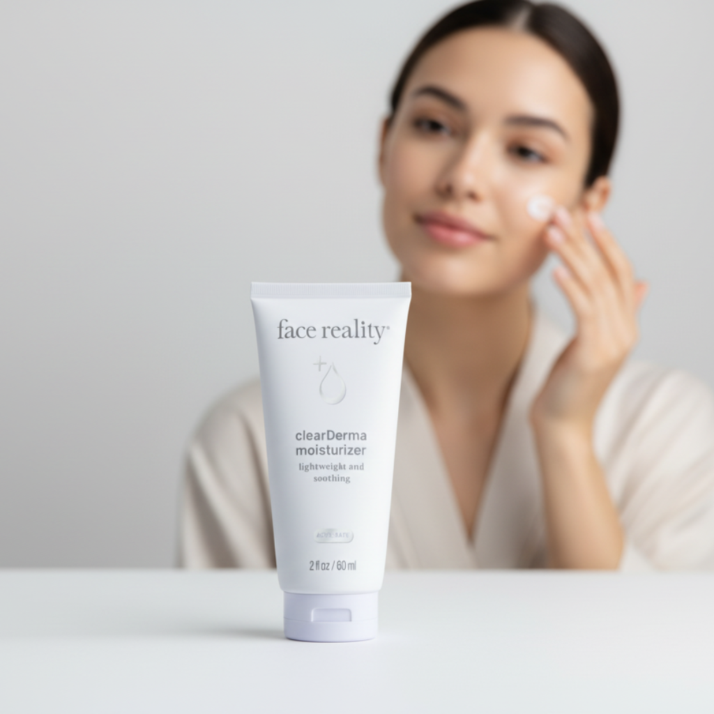 Woman applying cream with 'face reality' branding on a neutral background
