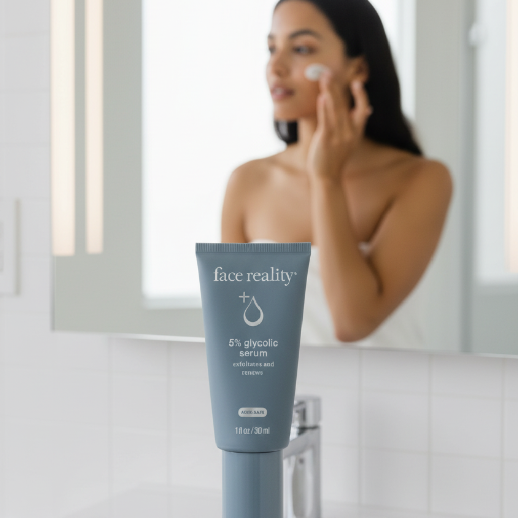 A bottle of Face Reality 5% Glycolic Serum with a white label on a plain background.