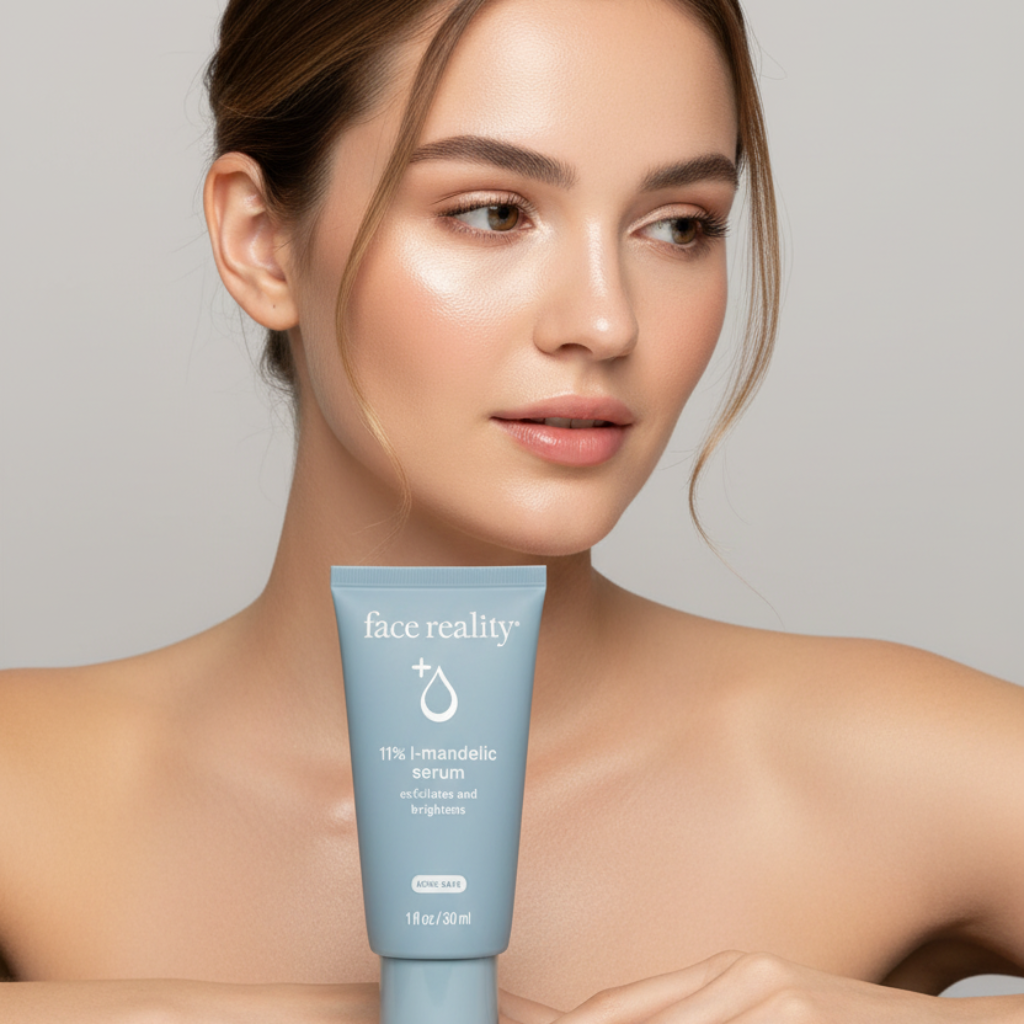 A bottle of Face Reality 11% L-Mandelic Serum with a blue label indicating it is a skin care product for exfoliation and brightness.