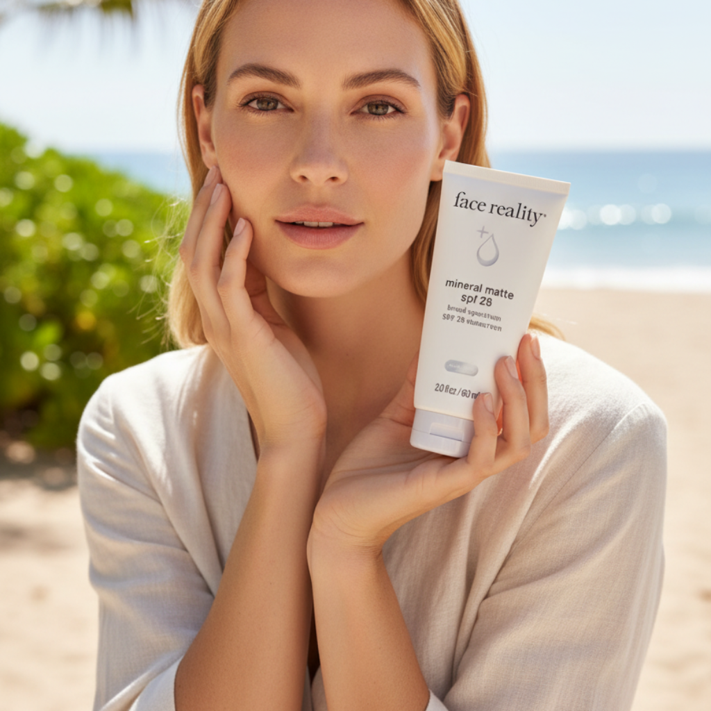 A tube of Face Reality Ultimate Protection SPF 28, 2 oz with the Mineral Matte finish, indicating broad-spectrum sun protection.