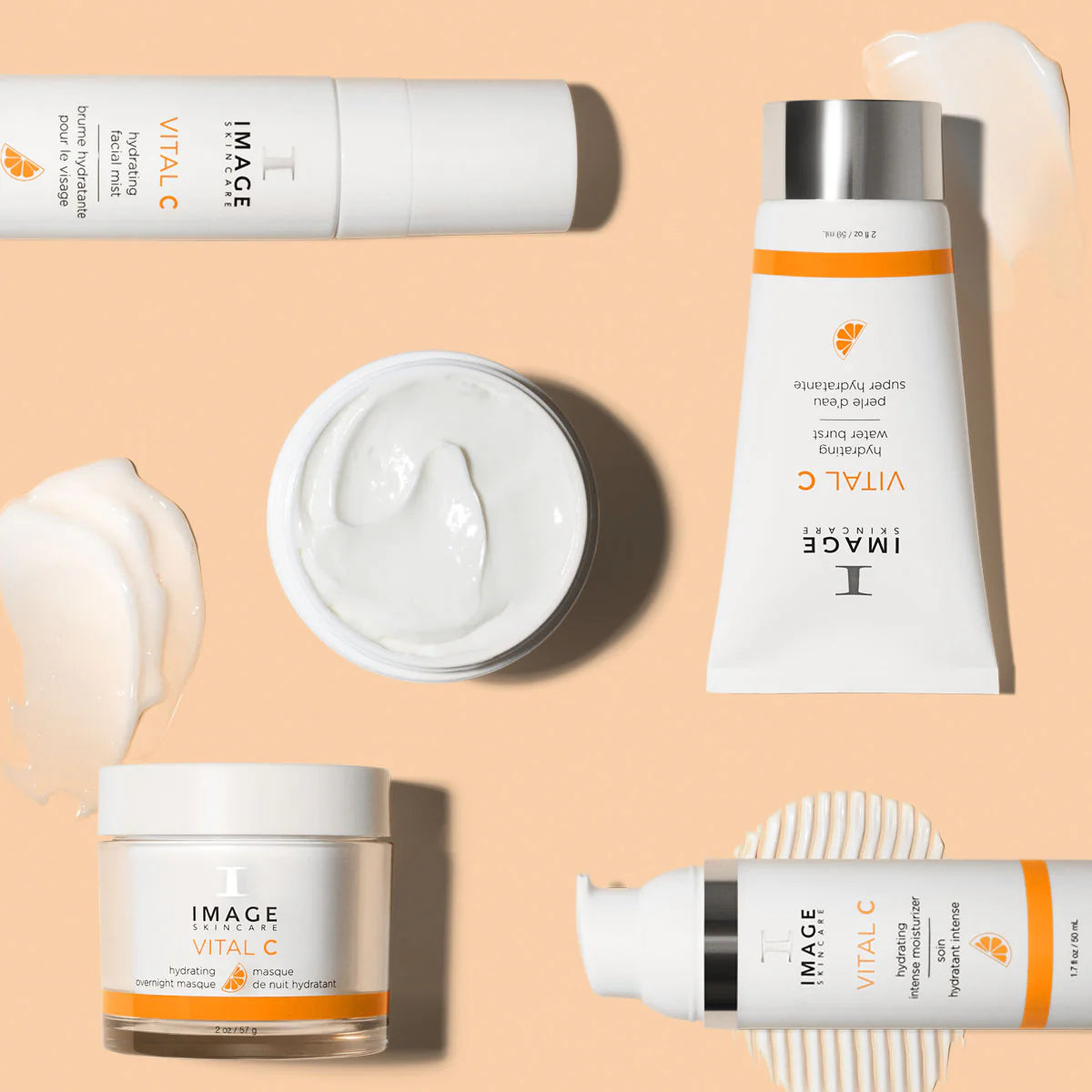 Image skincare products including a bottle, jar, and cream on a pale orange background