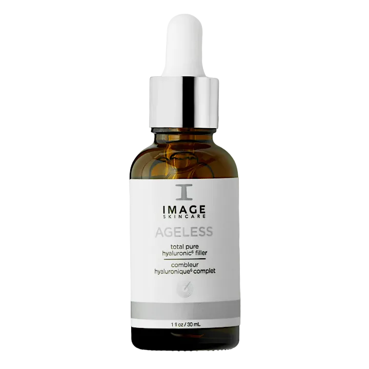 A bottle of IMAGE Skincare Ageless Total Pure Hyaluronic Filler, which is a skin care product designed to reduce the appearance of fine lines and wrinkles.