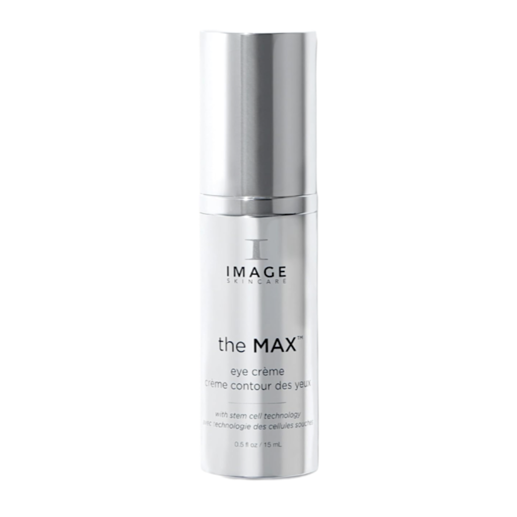 A tube of IMAGE Skincare The MAX Eye Creme with a white and silver color scheme.