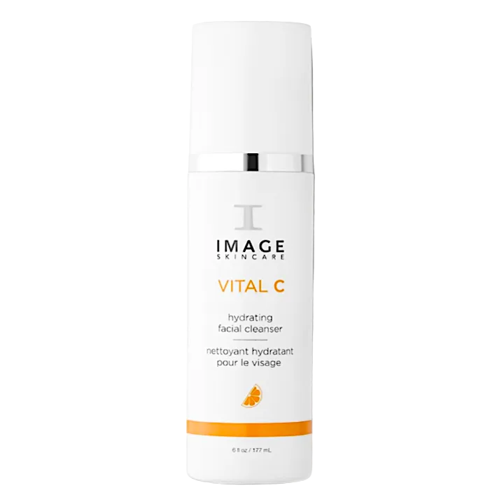 A pump bottle of IMAGE Skincare Vital C Hydrating Facial Cleanser against a white background.