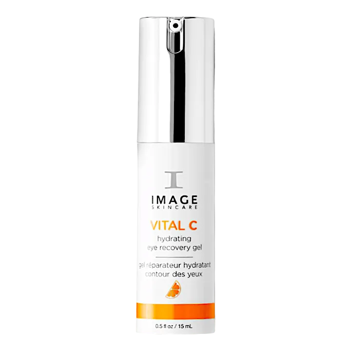 A pump bottle of IMAGE Skincare Vital C Hydrating Eye Recovery Gel.