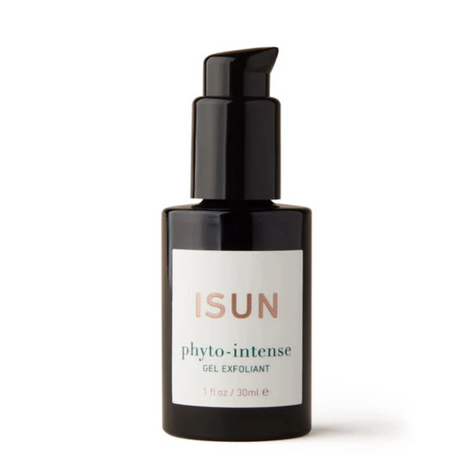 ISUN Phyto-Intense Gel Exfoliant in a dark amber glass bottle with a black pump dispenser and a white label, shot on a clean white background.