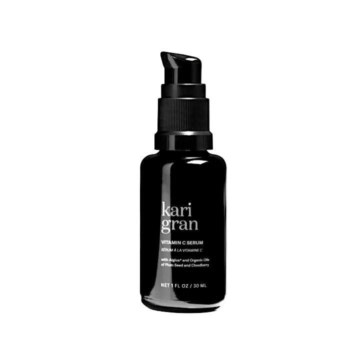 A black bottle with a pump dispenser labeled Kari Gran Vitamin C Serum.