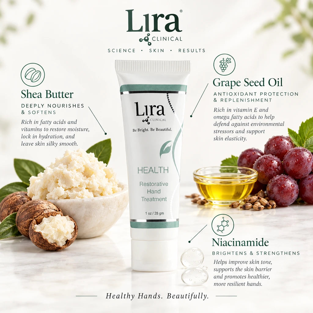 A white squeeze tube of Lira Clinical Health Restorative Hand Treatment, featuring green accents and black text, centered on a background of highlight ingredients.